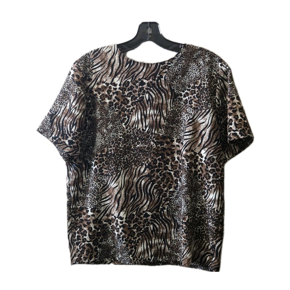 Ship n Shore Petite Animal Print Short‎ Sleeve Blouse Brown Beige M
